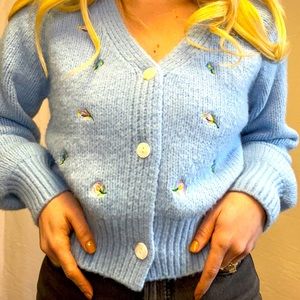 English Factory Blue Button Up Sweater Embroidered Flowers - NEVER WORN W/ TAGS